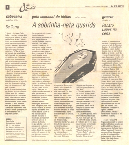 Caderno Dez! - Jornal A Tarde 20/02/2003